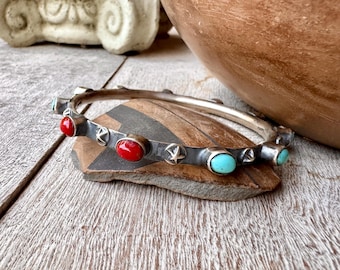 Navajo Chimney Butte Sterling Silver Turquoise Coral Bangle Bracelet 7.5" to 7.75"