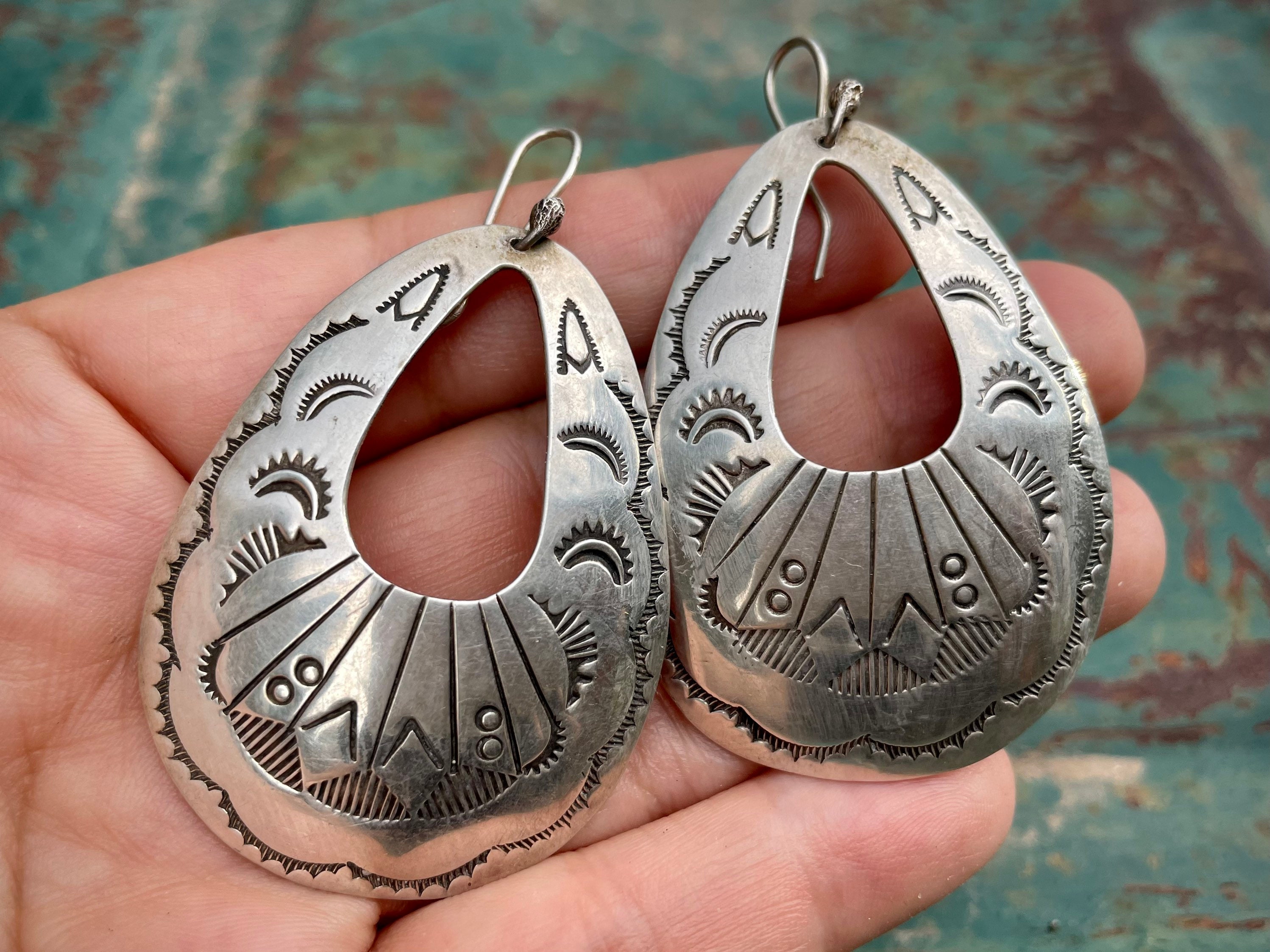 Custom Vintage Native American Navajo Sterling Silver Hoop Earrings Custom Vintage Native American Navajo Sterling Silver Hoop Earrings