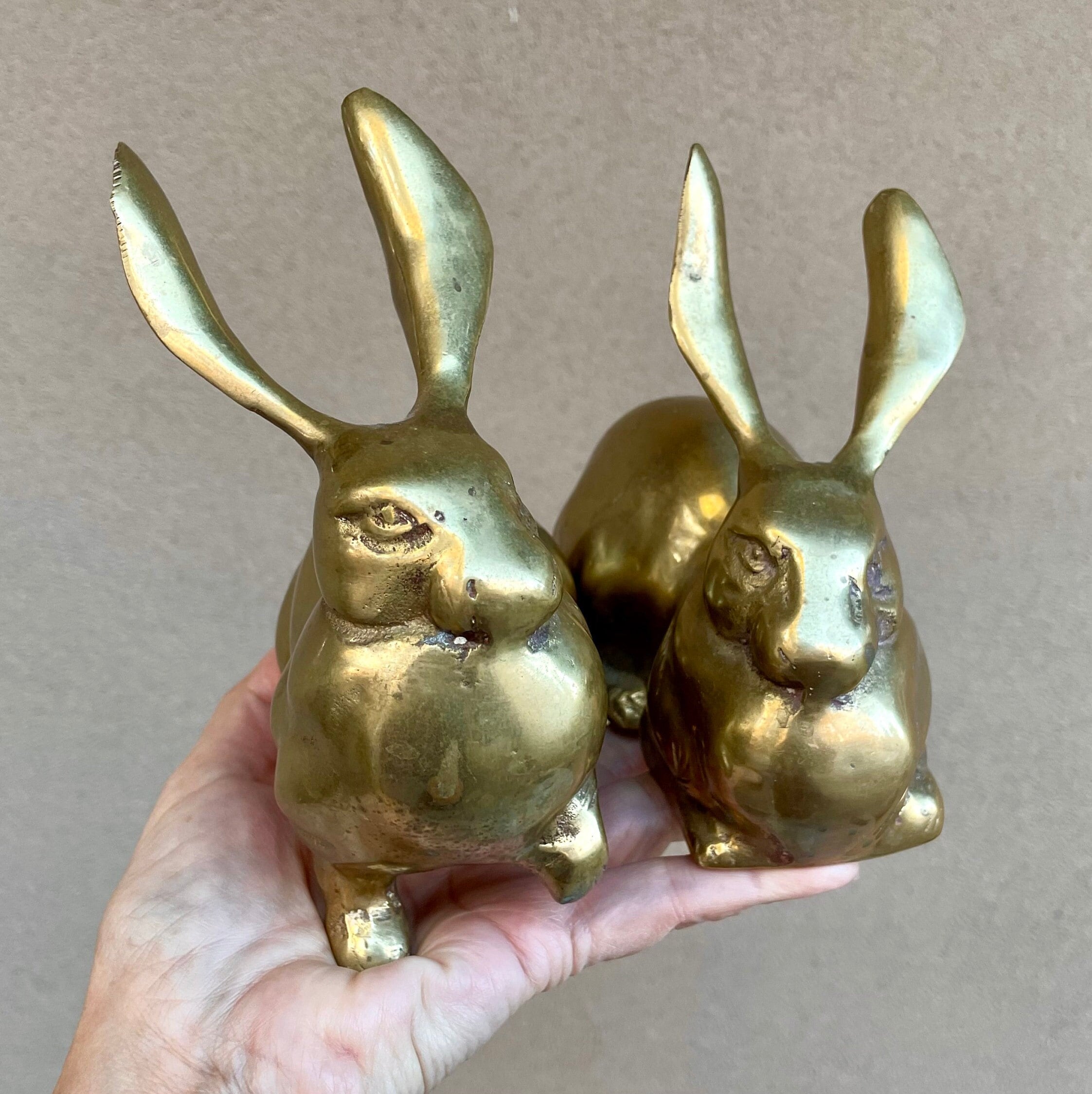 Pair of Vintage Solid Brass Rabbit Figurines, Easter Table Centerpiece  Decorations, Shelf Display