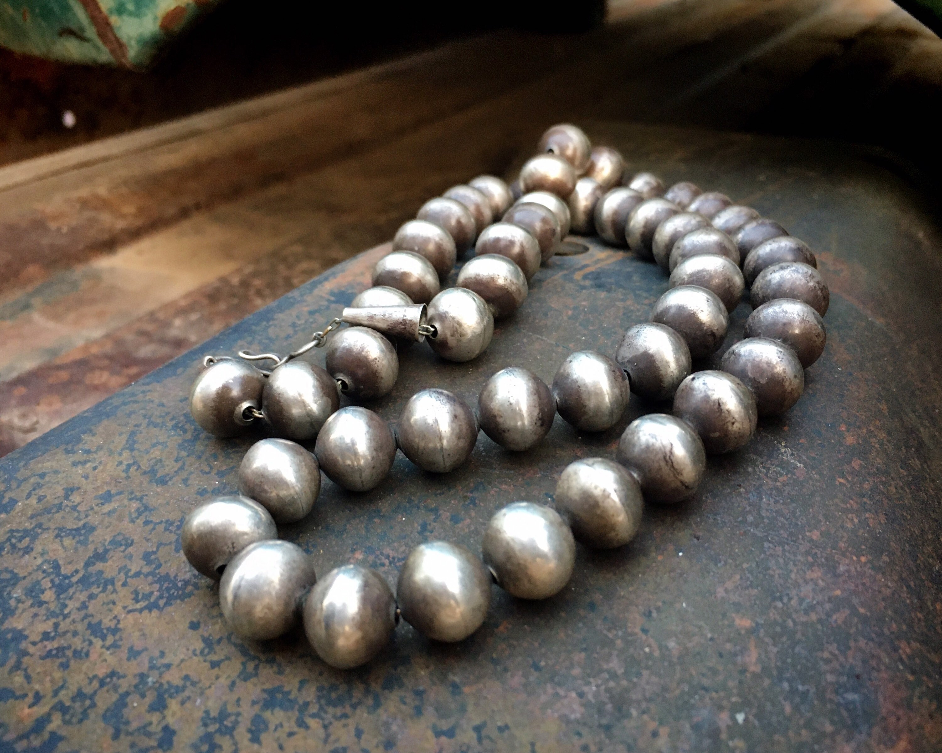 Hand Stamped Navajo Pearls Sterling Silver Bead Necklace – 36" Graduated, Native American