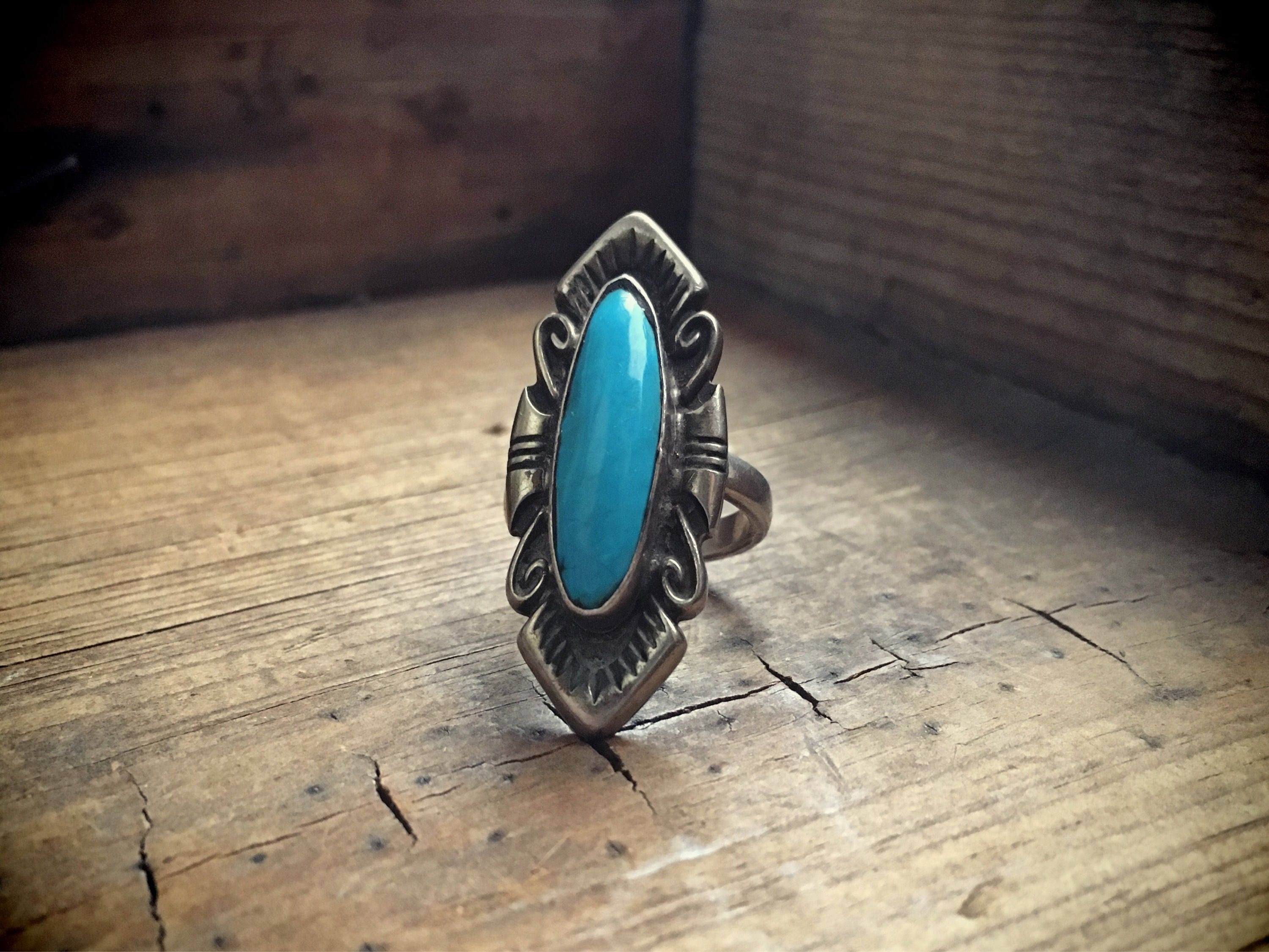 Vintage size 5.75 blue turquoise silver long ring Southwestern jewelry ...