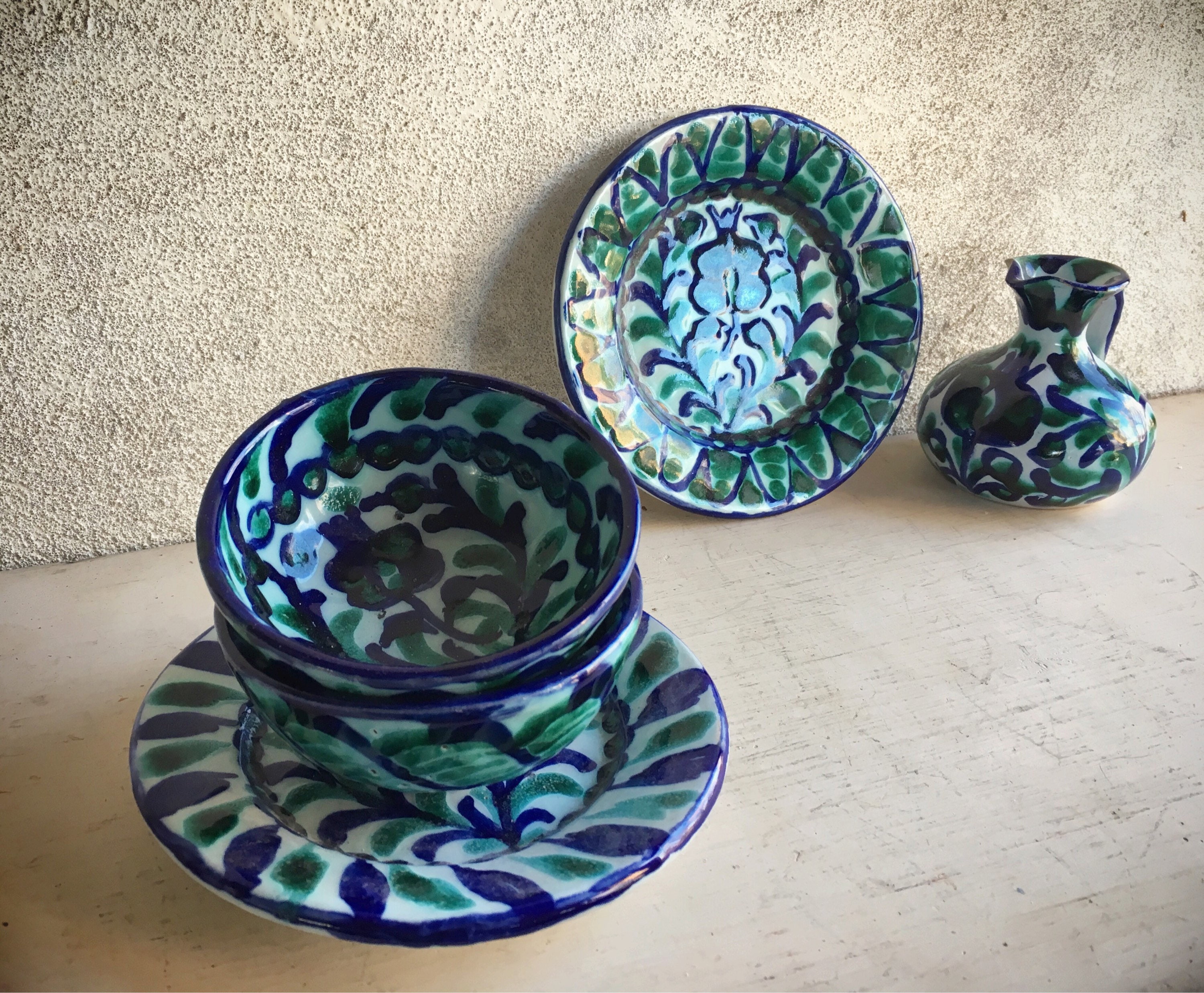 Vintage Granada Spain Pottery Cups and Saucers, Pomegranate Decor