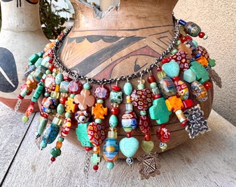 Artisan Bib Necklace 18" with Glass & Turquoise Colored Beads Silver Amulets