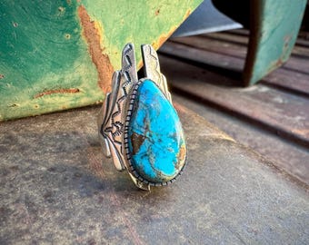 Vintage Navajo Tom Willeto Sculptural Sterling Silver Turquoise Ring Size 8.5 to 9