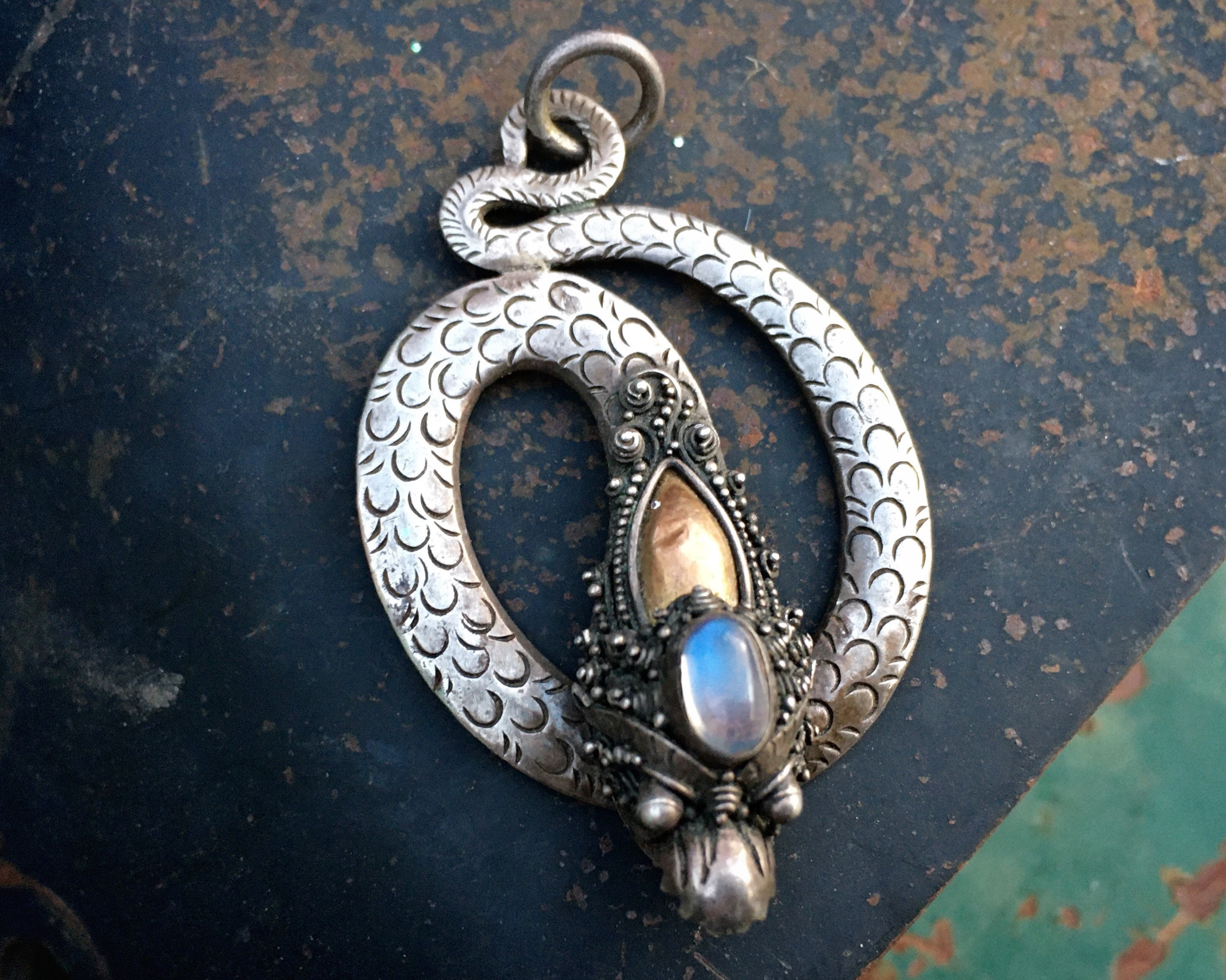 Vintage Sterling Silver Garuda Naga Pendant with Moonstone Vintage Sterling Silver Garuda Naga Pendant with Moonstone