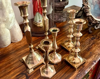 Mixed Lot of Vintage Brass Candlestick Holders Six Total Approx 6" to 10", Three Sets of Two, Rustic Modern Decor