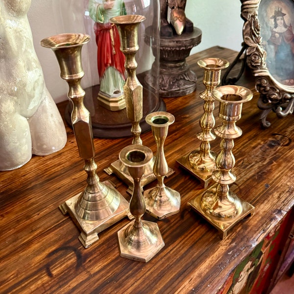 Mixed Lot of Vintage Brass Candlestick Holders Six Total Approx 6" to 10", Three Sets of Two, Rustic Modern Decor