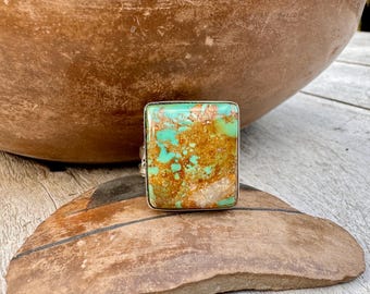 Vintage Signed Navajo Green Turquoise Ring Approx Size 10, Square Rectangle Shape
