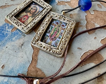 Two Tibetan Silver Framed Fabric Pendant on Leather Strap Chain, Sacred Heart and Guadalupe