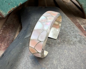 Vintage Pink Mother of Pearl Channel Inlay Cuff Bracelet Approx Size 6.25 by Zuni Stuart & Maria Tucson, Fish Scale Design, Rodeo Style