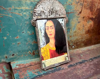 Old Mexican Tin Frame Wall Hanging with Frida Print, Smallish Size, Folk Art Primitive