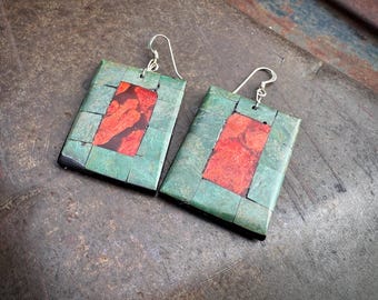 Turquoise Inlay Dangle Earrings with Red Orange Center, Possibly Apple Coral