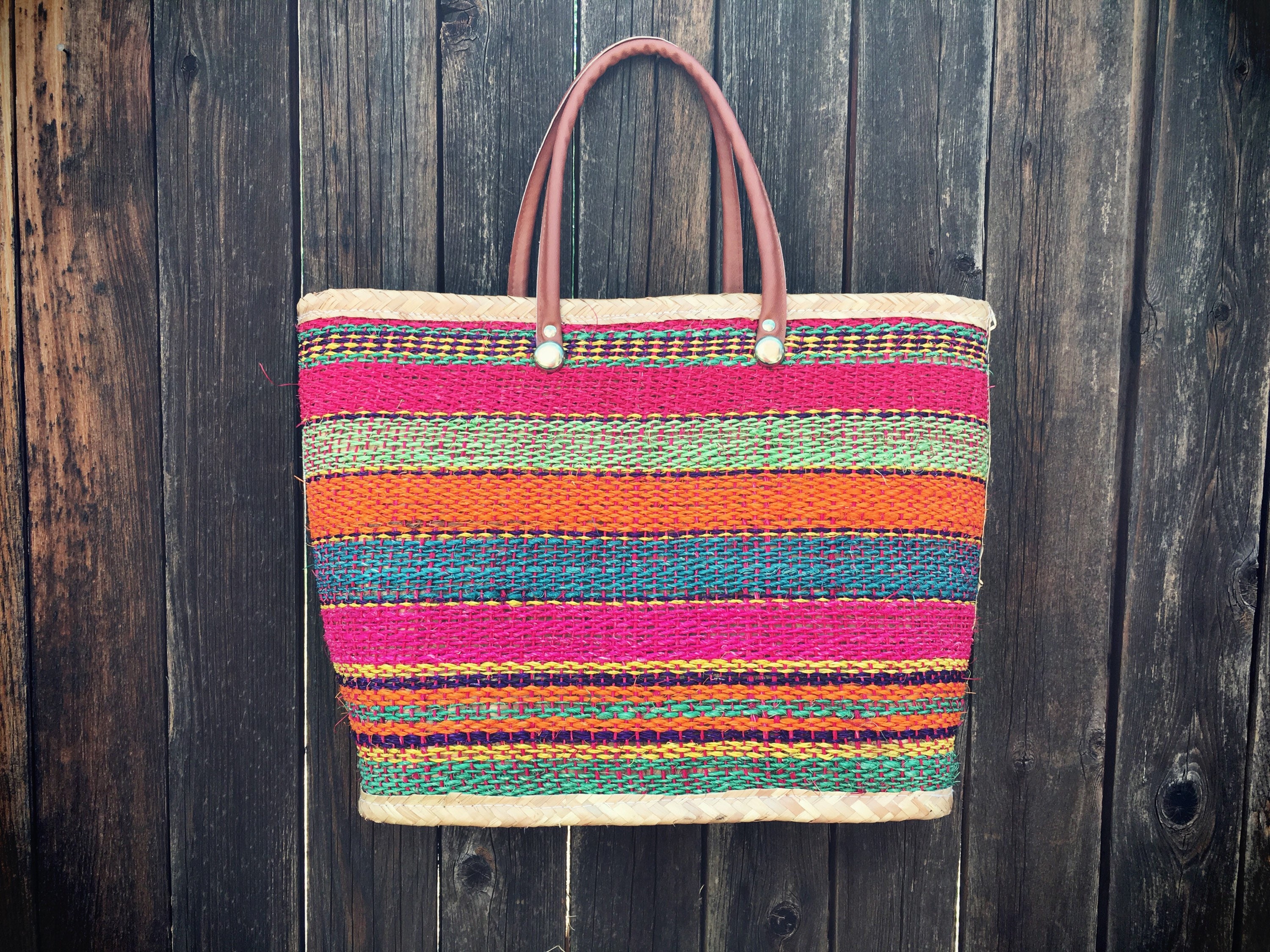 Vintage multi-color woven straw tote bag with leather handles beach tote