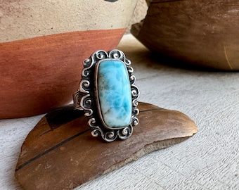 Sterling Silver Larimar Ring Approx Size 7 (Slightly Adj), Pale Blue Gemstone Jewelry