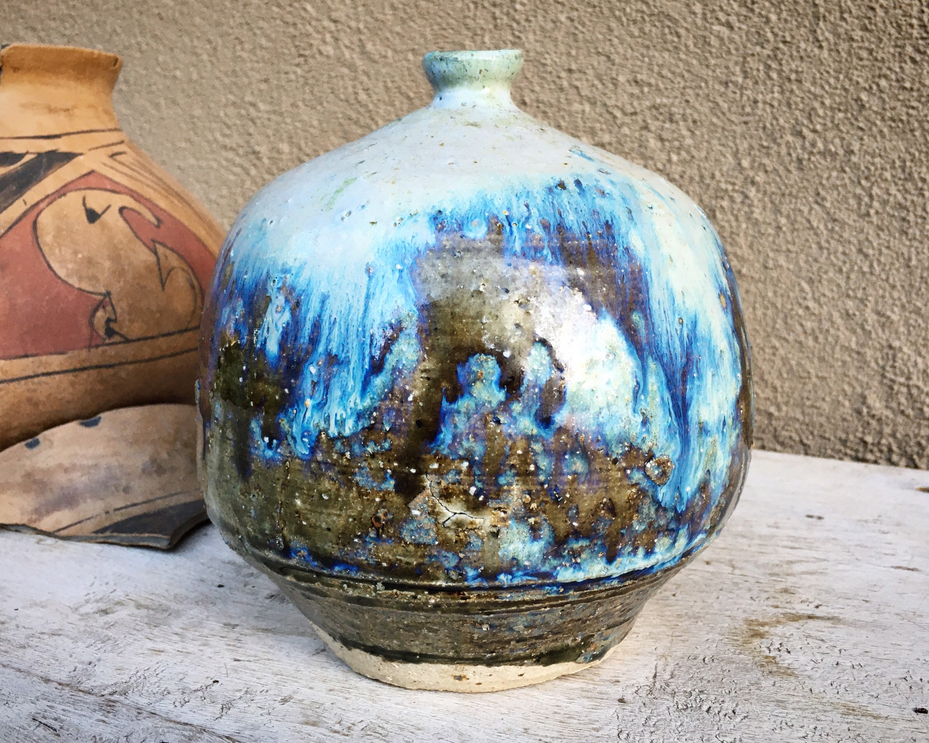 Art Studio Pottery Stoneware Weed Vase Blue Glaze, Vintage Hand Made ...