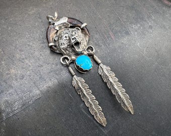 Vintage Sterling Silver Turquoise Pendant, Small Claws, Hanging Feathers
