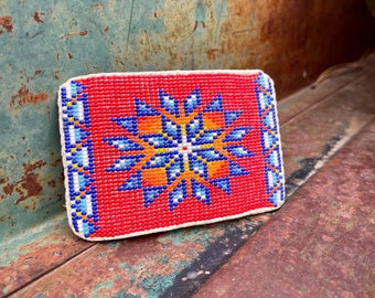 Large Vintage Beaded Belt Buckle Leather Backed and Signed, Dazzler Design, Native American Indian