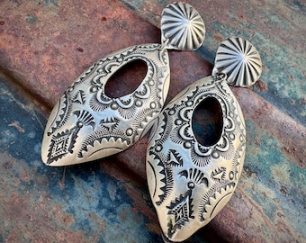 Navajo Vince Platero Stamped Sterling Silver Earrings Approx 3”, Vintage Concho Button Posts