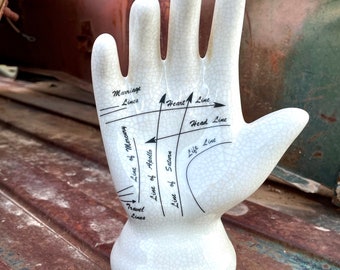 Vintage Ceramic Palmistry Hand Statue, Replica of Victorian Phrenology Science with Traits