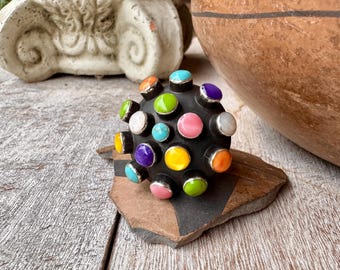 Mexican Modernist Domed Sterling Silver Multi Color Ring Adj Size