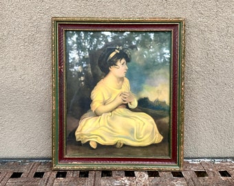 Vintage Lithograph "Age of Innocence" by Sir Joshua Reynolds in Distressed Painted Wood Frame