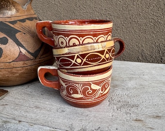 Three Old Mexican Pottery Cups Decorative Only, Tlaquepaque Redware