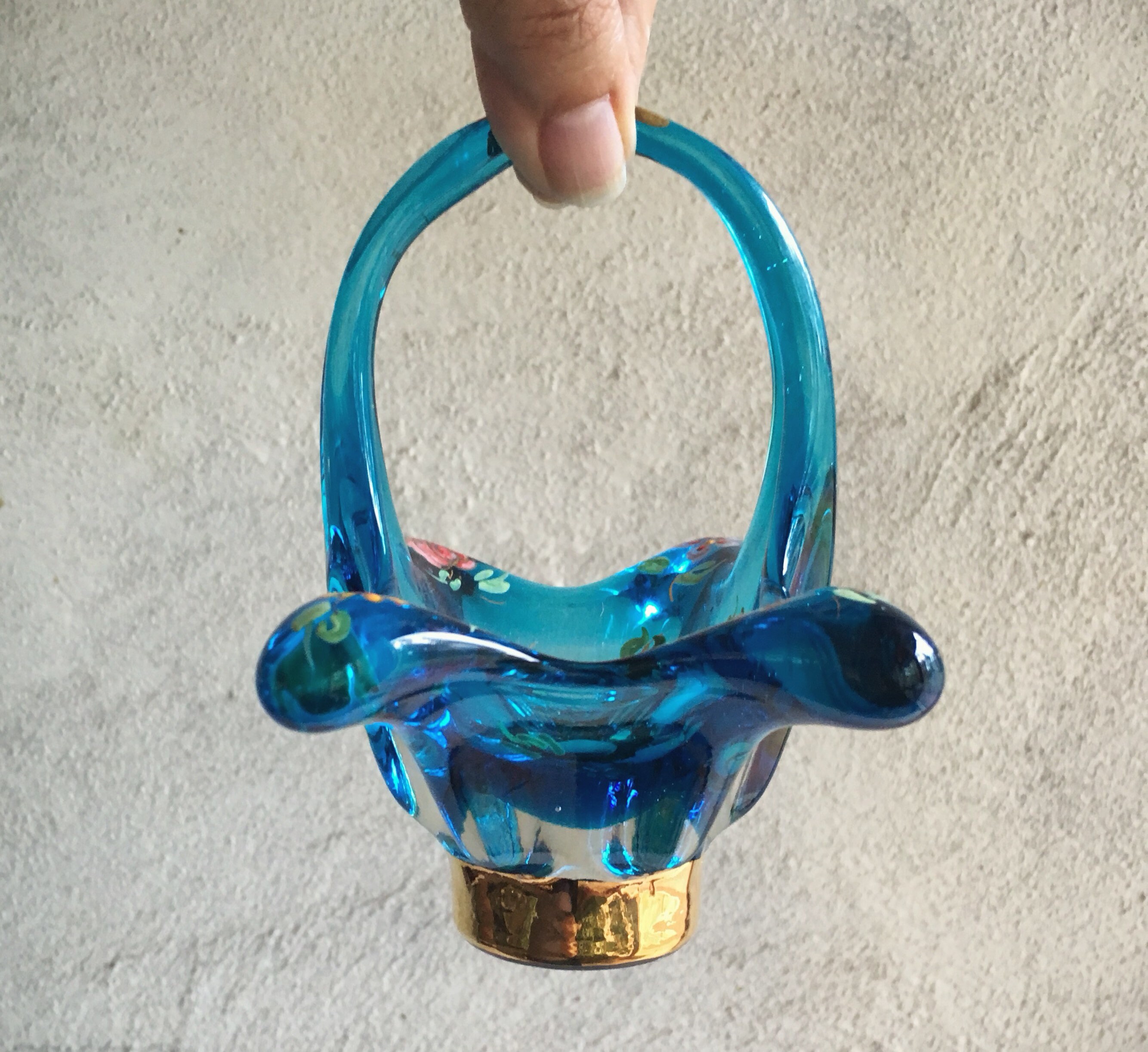 Vintage Blue Glass Basket Figurine Enamel Paint Signed Royo, Spanish