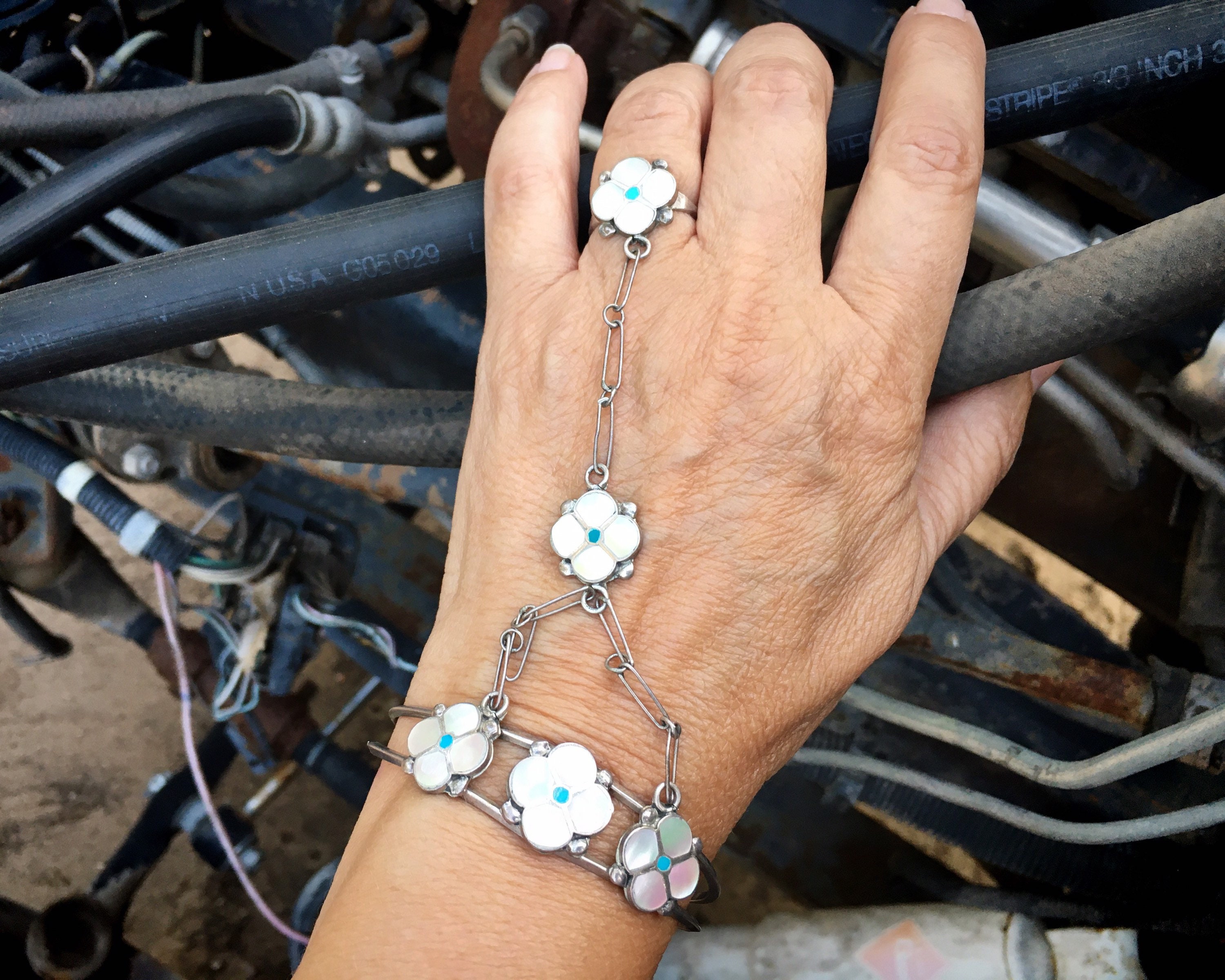 Turquoise and Coral Sterling Silver Slave Bracelet