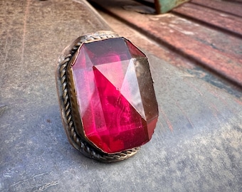 Antique Czech Glass Ring Approx Size 11.5, Ruby Color, Copper Alloy Band