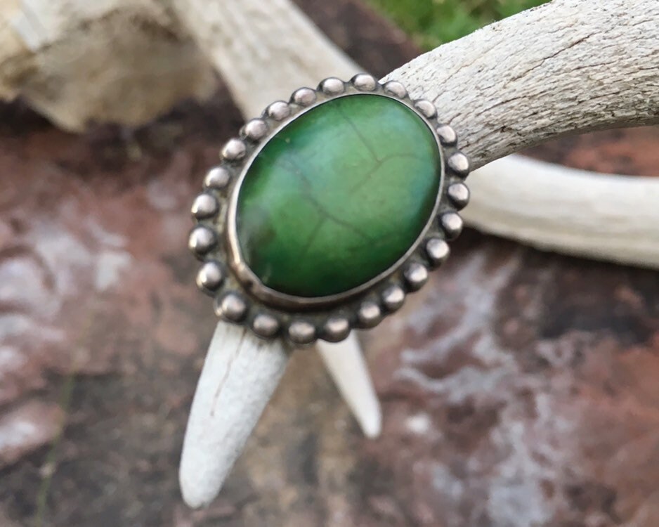 Fred Harvey Era Green Turquoise Ring for Women Size 4.5, Old Pawn