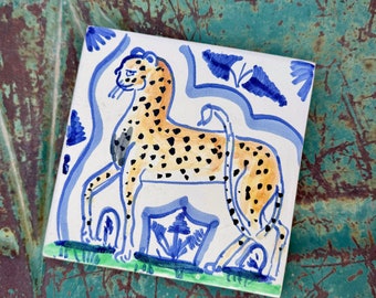 Heavy Vintage Ceramic Tile Trivet (Chipped on Back) Leopard or Cheetah Design, Rustic Home Decor