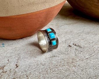 Vintage Textured Sterling Silver Band with Three Turquoise Stones Approx Size 7.5, Navajo Ring