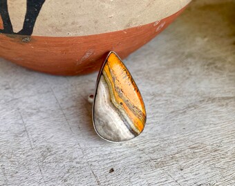 Golden Yellow Gray Bumblebee Jasper Ring Size 7, Signed Navajo Native American Jewelry