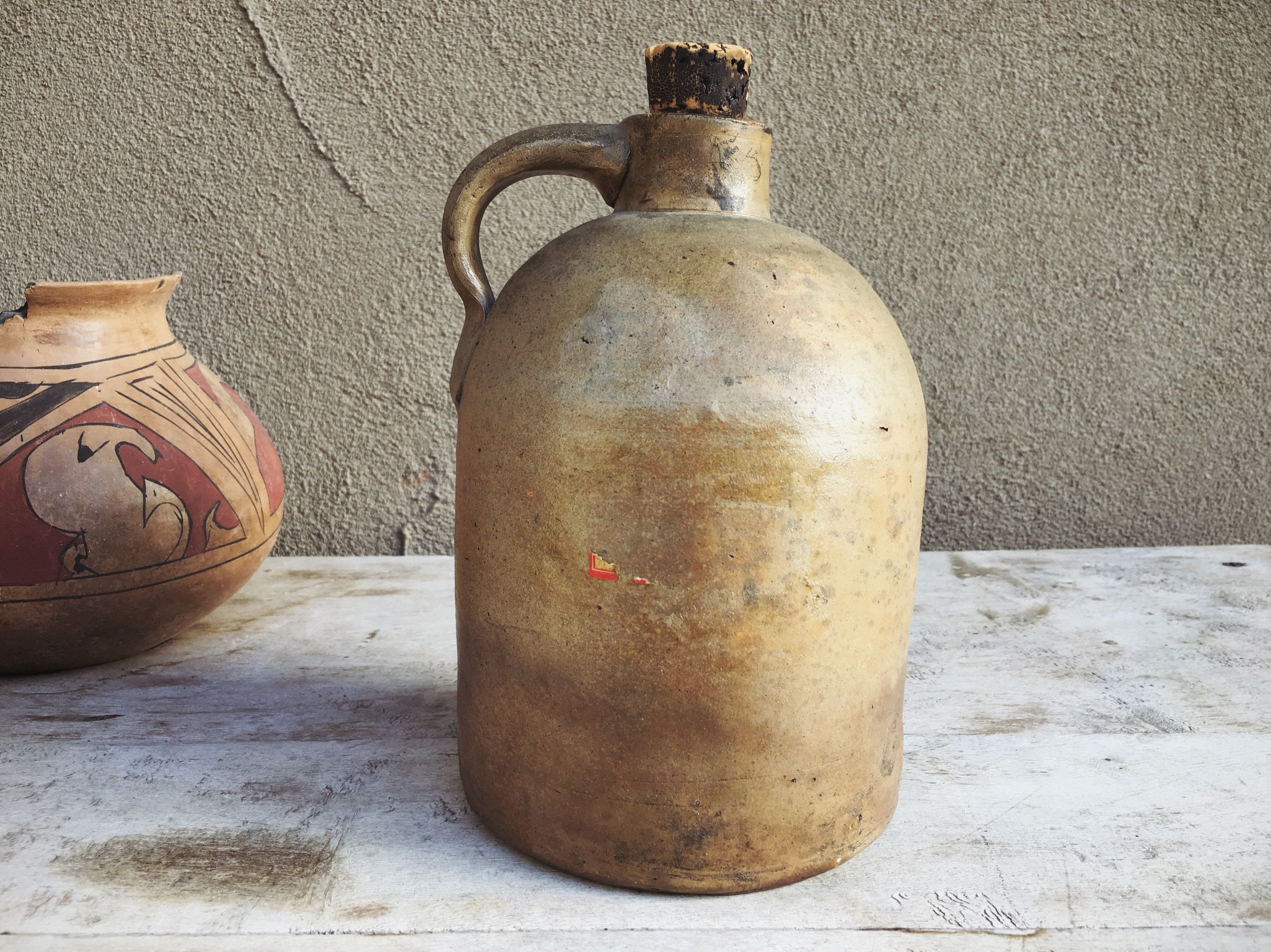 Antique Whiskey Jug with Cork Speckled Stoneware Crock Primitive Decor
