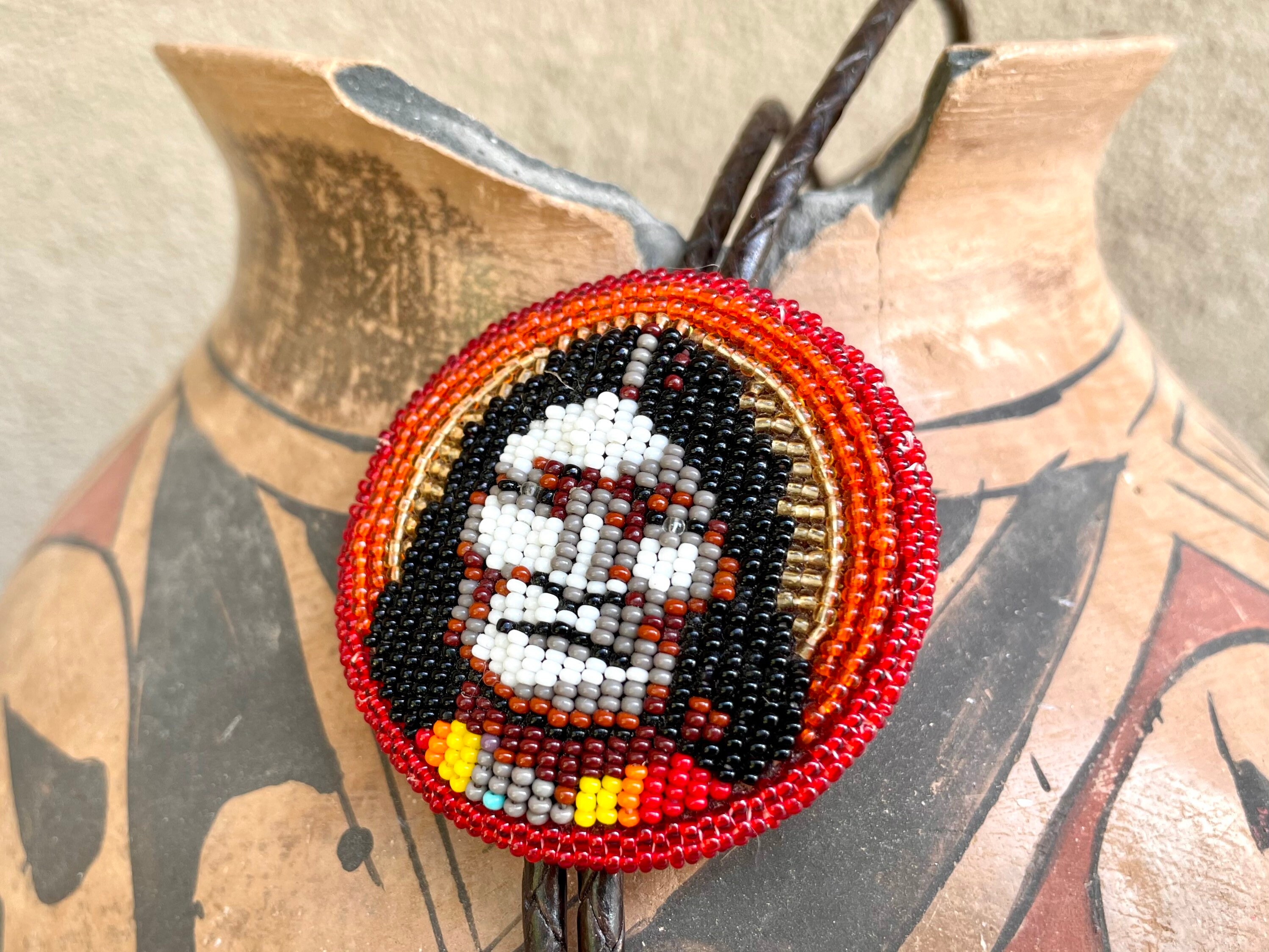 Beaded Bolo Tie of Indian Face Design Yellow and Red with  display picture 1