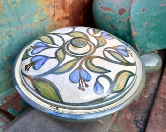 1982 Signed Art Studio Pottery Covered Casserole Dish, Bold Design, Green and Blue
