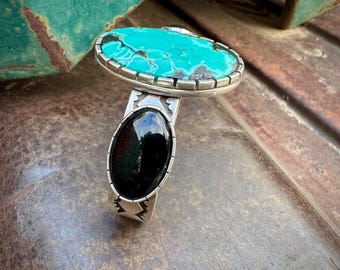 Navajo Nora Tahe Bill Turquoise Black Onyx Sterling Silver Cuff Bracelet Approx Size 6.75