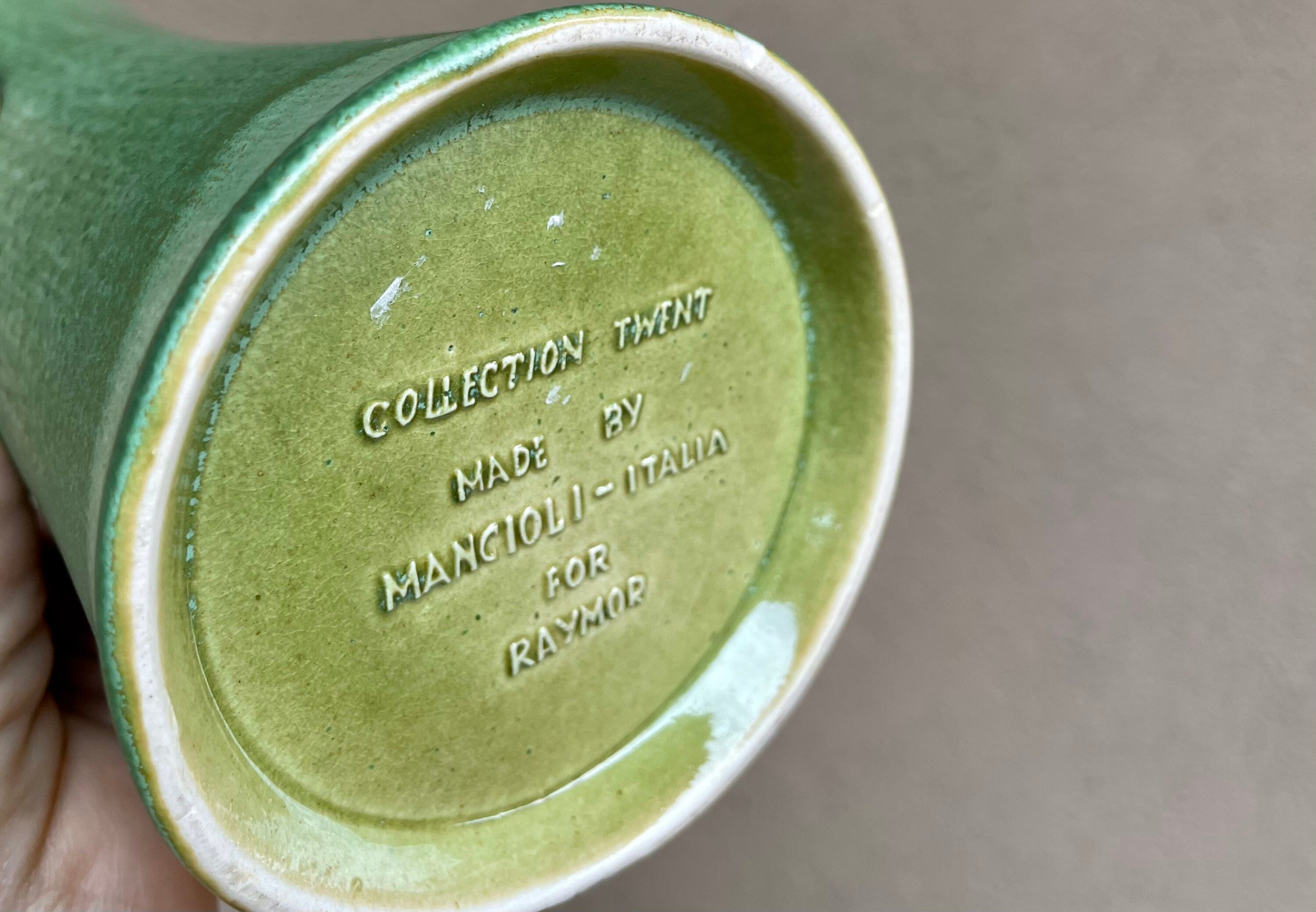 Mid Century Italian Pottery Green Glaze Vase by MancioliItalia for