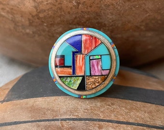 Round Spiny Oyster Turquoise Mosaic Inlay Ring Size 9.25, Southwestern Jewelry for Women