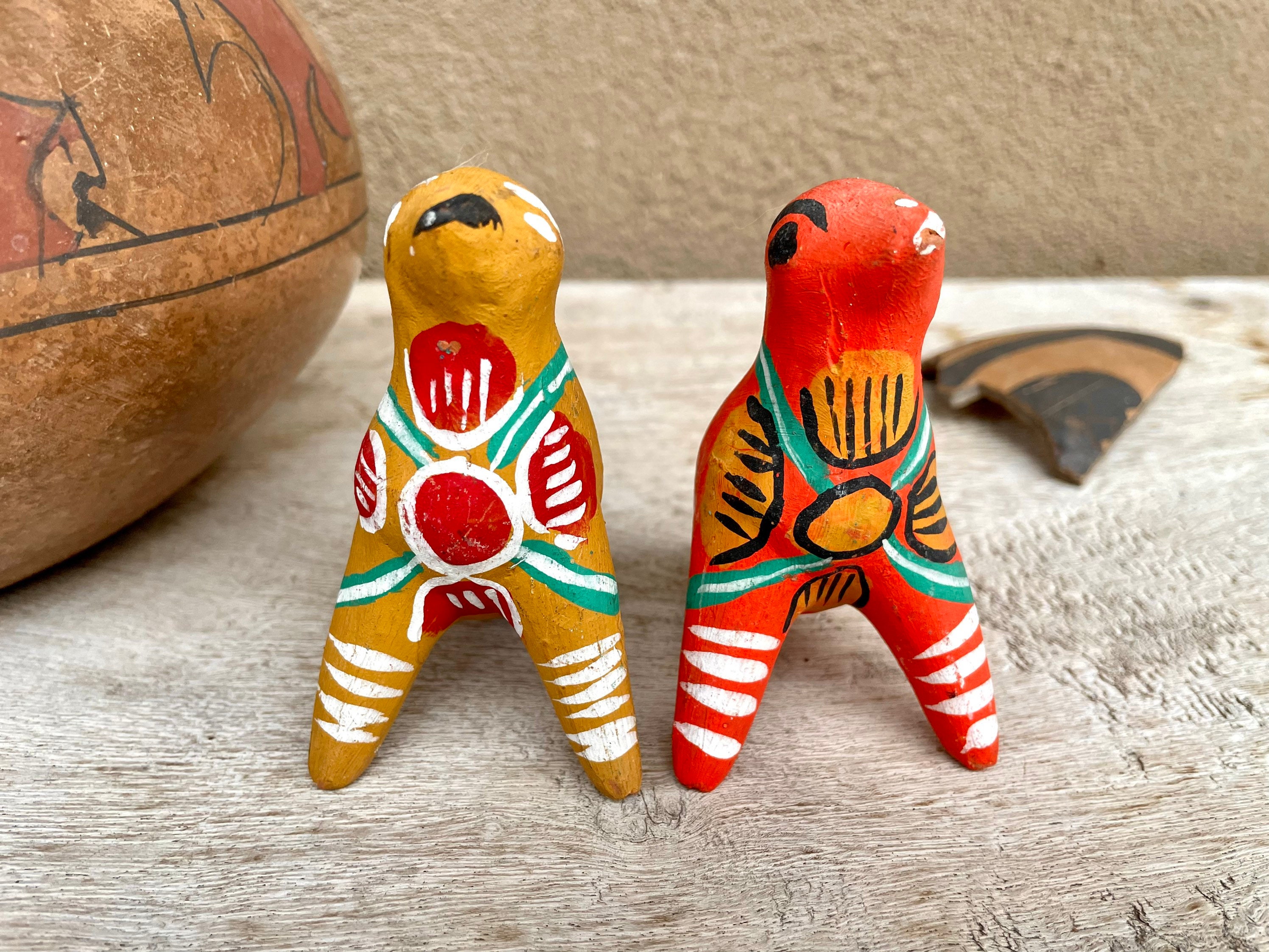 Pair of Vintage Small Mexican Pottery Bird Figurine Whistles, Ceramic
