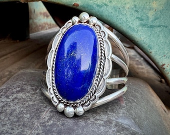 Large Vintage Sterling Silver Lapis Lazuli Cuff Bracelet Size 6.25 by Navajo Dennis Ramone