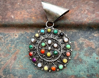 German Silver Multi Stone Pendant in Snake Eye Setting by Navajo James, Colorful Southwest Native American Indian Jewelry, Mother's Day Gift