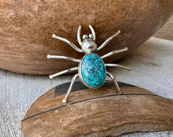 Vintage Sterling Silver Turquoise Spider Pin, Native American Brooch Insect Jewelry