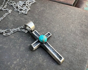 Sterling Silver Turquoise Cross Pendant by Navajo Chimney Butte, Native American Jewelry
