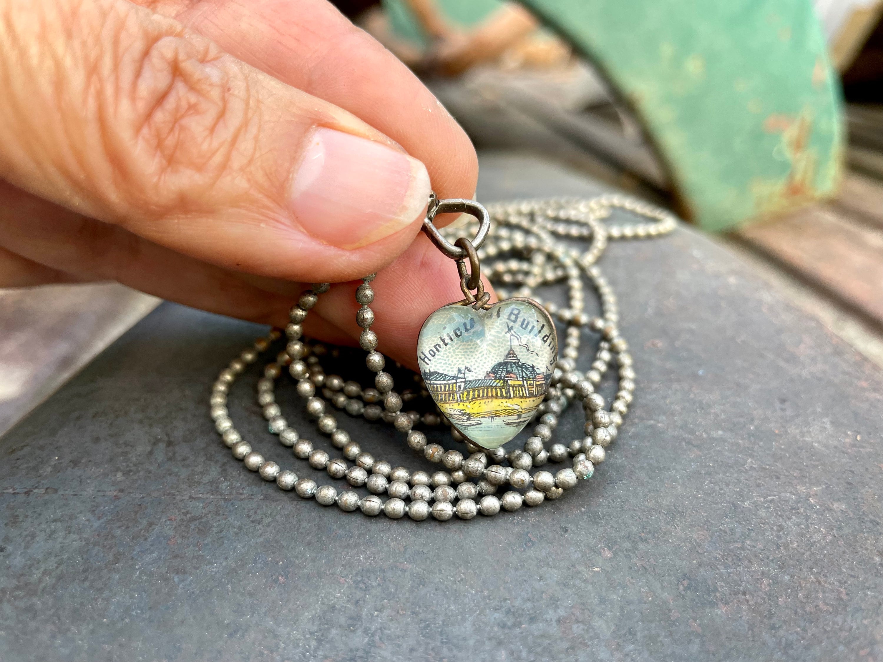 1893 Columbia Exposition Pictorial Pendant Watch Fob Heart Shape Glass Chicago World Fair Memorabilia