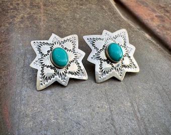 Vintage Navajo Sterling Silver Turquoise Concho Earrings Signed AN, Star-Shaped