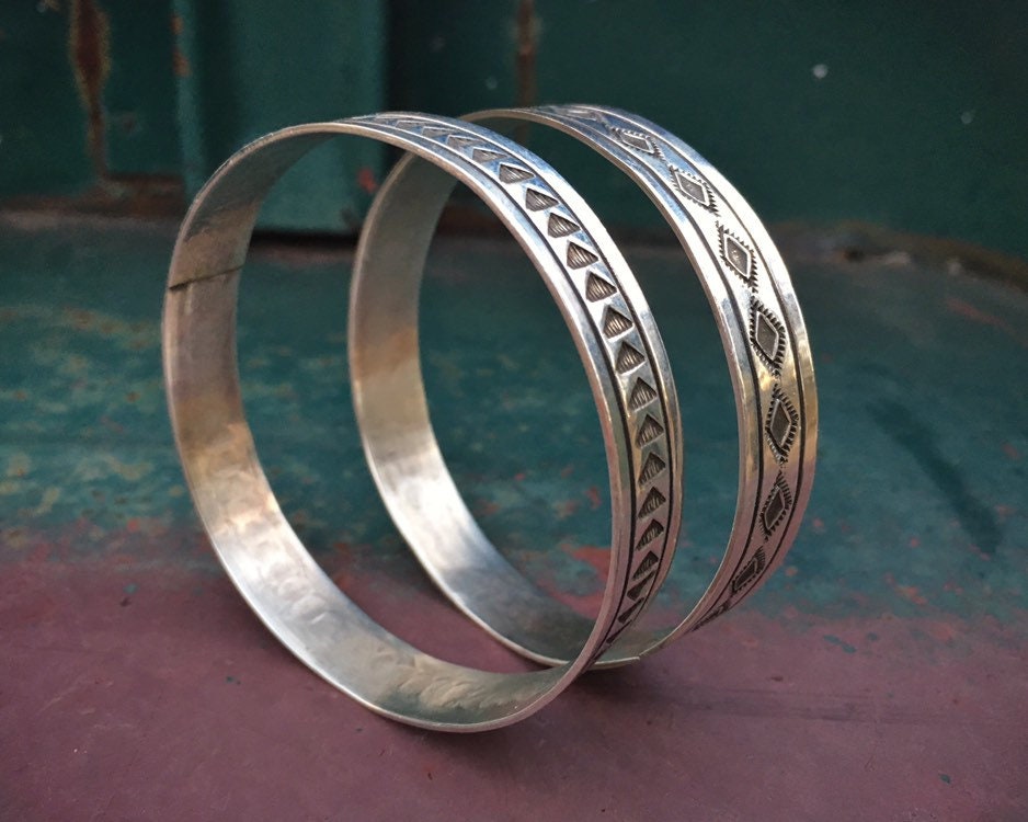 Two Stamped Sterling Silver Bangle Bracelets for Women, Native American