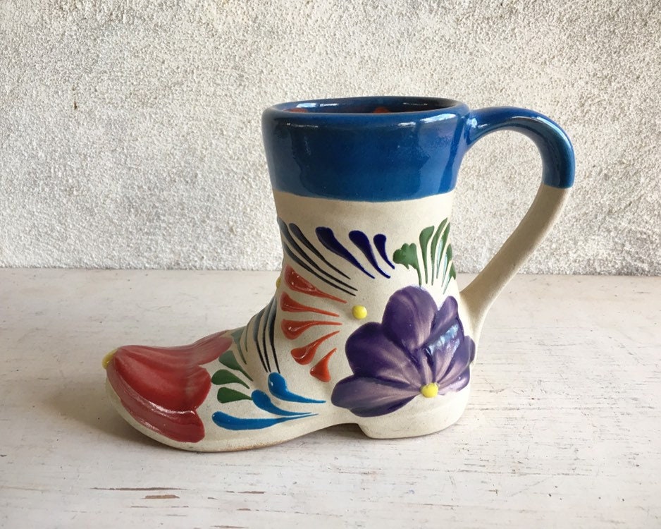 Mexican Pottery Cowboy Boot Vase with Handle, Western Southwestern