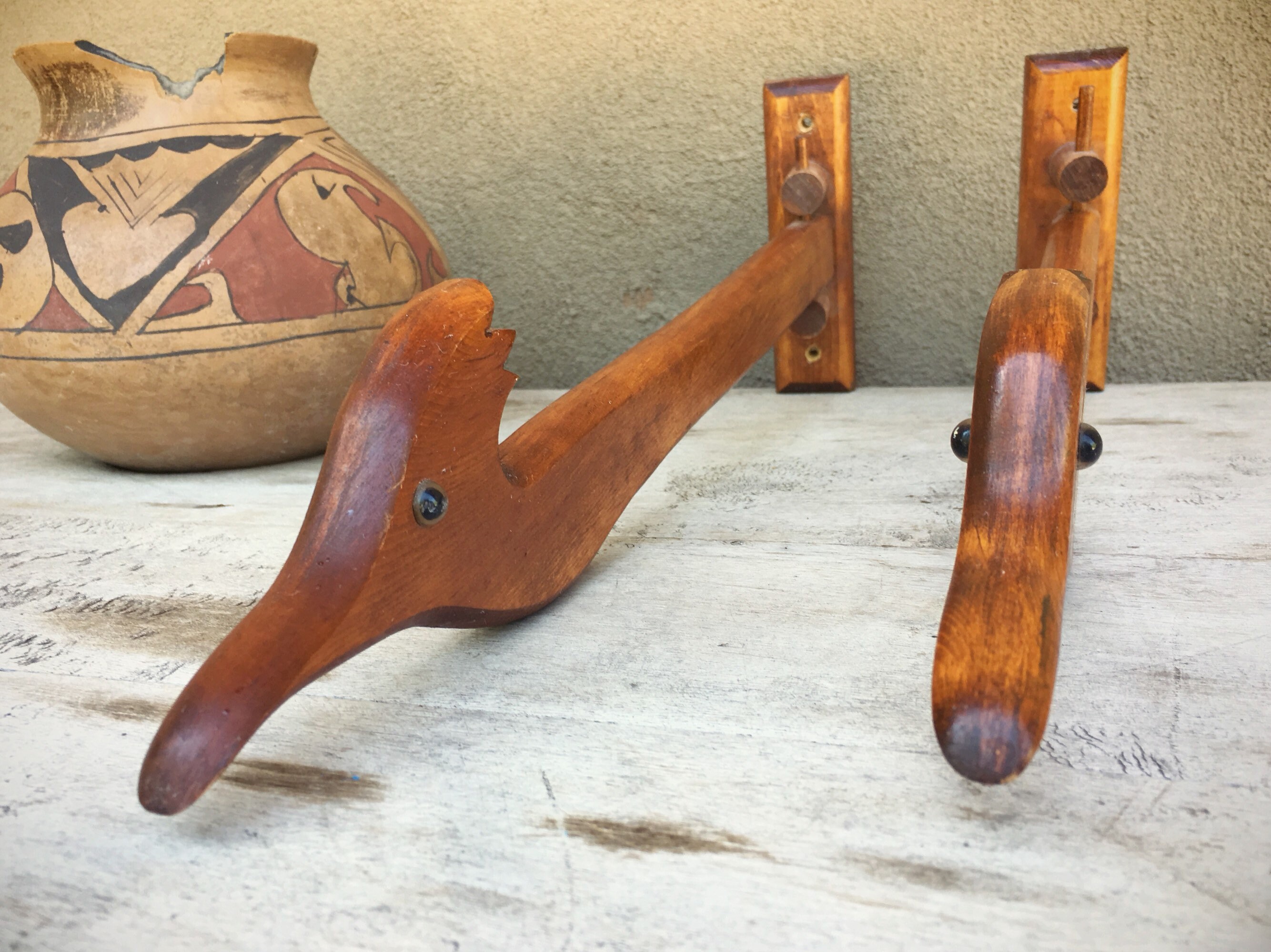 Pair of Wooden Hangers Wall Mount Roadrunner Hooks Southwestern Home