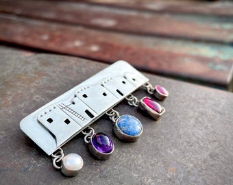 Vintage Sterling Silver Overlay Bar Pin w/ Gemstone Dangles, Southwestern Jewelry Brooch